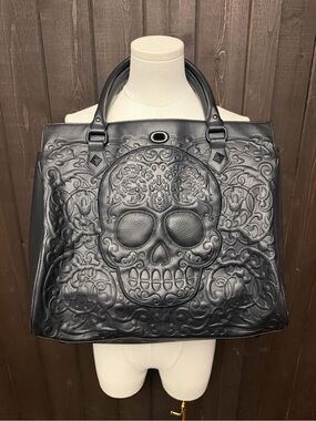 Loungefly Black Lattice Skull Tote Bag Goth Day of The Dead Faux Leather EUC